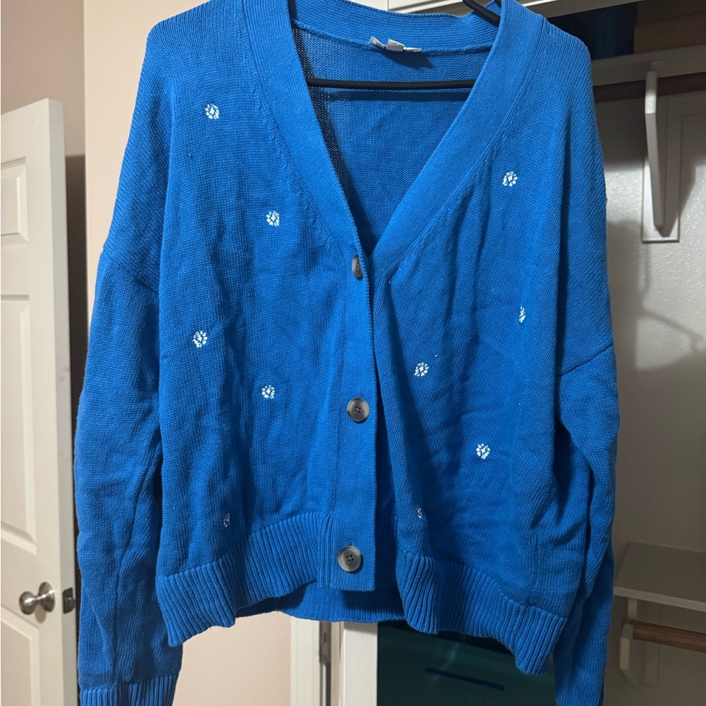 LOFT Blue Cardigan with Floral Accents